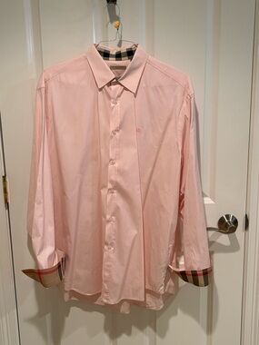 Burberry Light Pink Men’s Button-Down Shirt with Check Trim